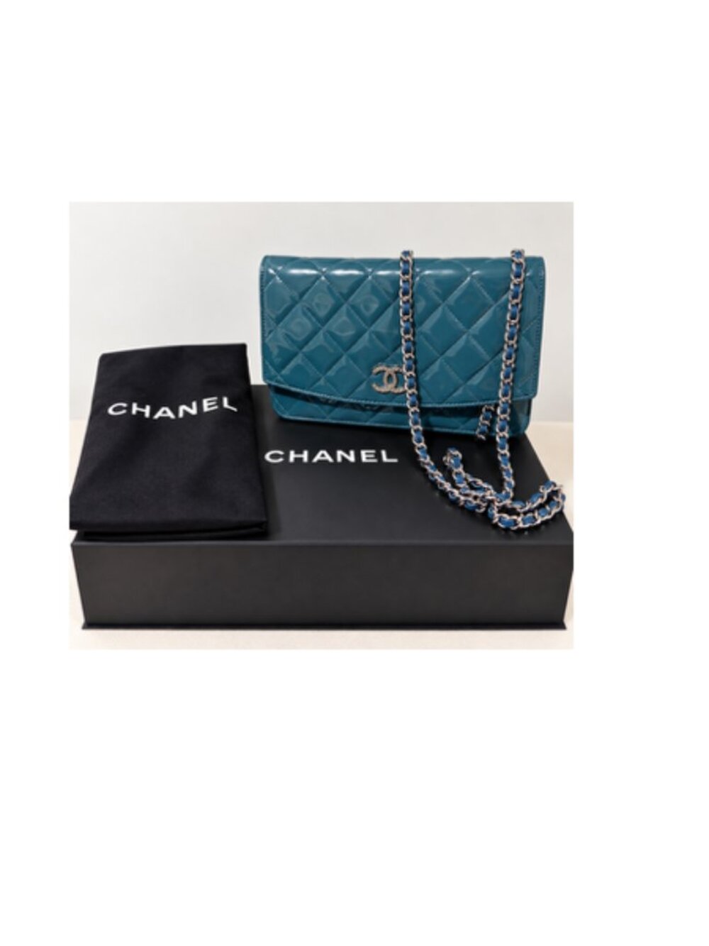 CHANEL Quilted Patent Leather Wallet on Chain WOC Dark Blue – Box & Dust Bag